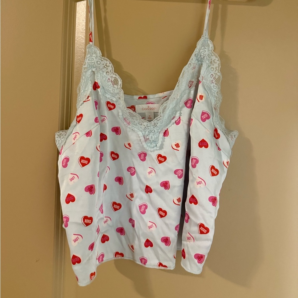 Colsie Light Blue Cami with Heart Pattern and Lace